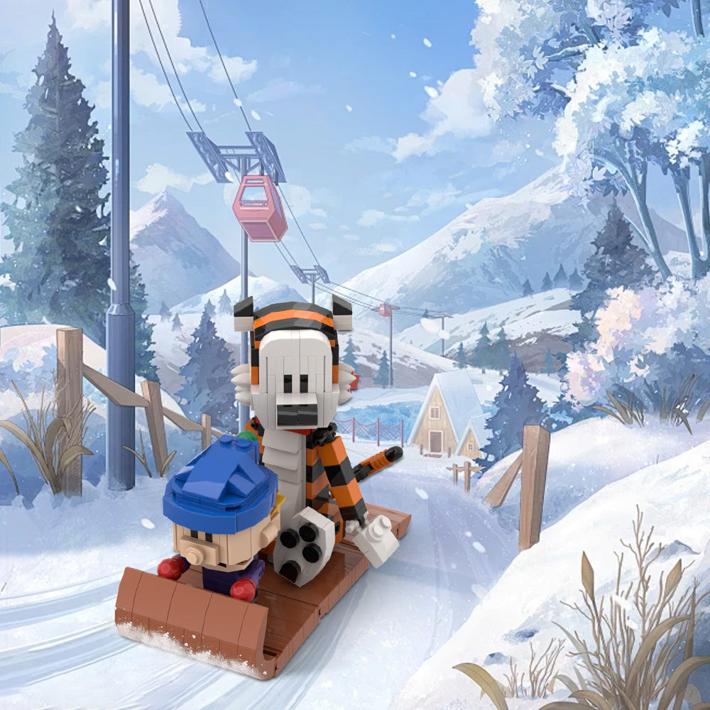 MOC Building Blocks Calvin and Hobbes Model Set – Sleigh and Tiger Animation Doll, Christmas Gift for Kids