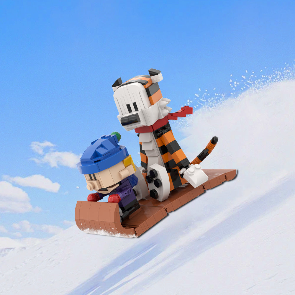 MOC Building Blocks Calvin and Hobbes Model Set – Sleigh and Tiger Animation Doll, Christmas Gift for Kids