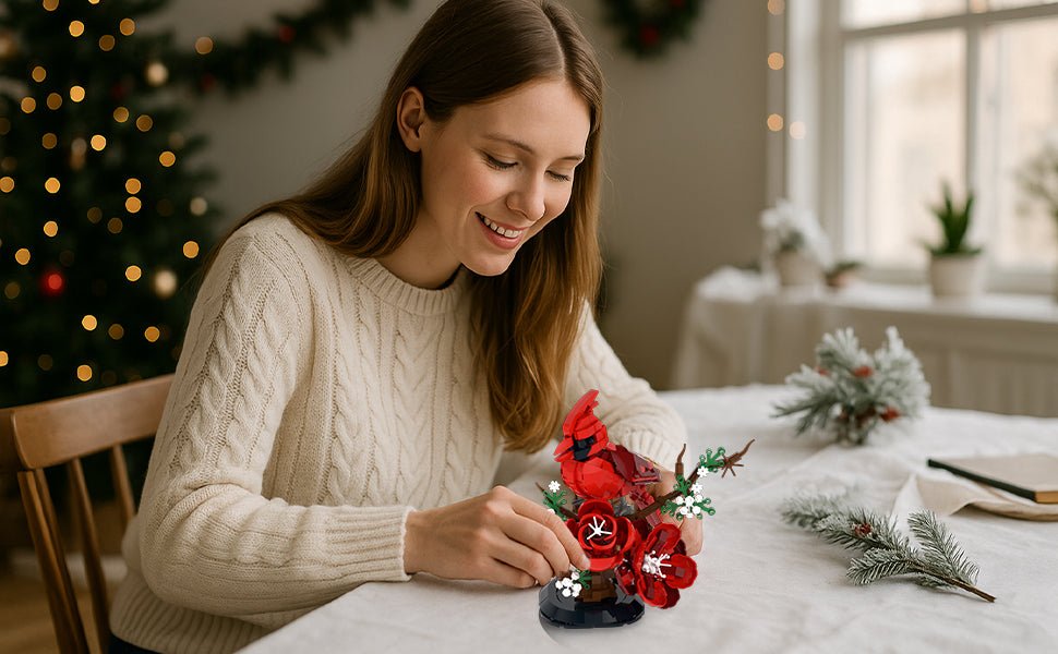 DIY Bird Model Kit for Adults, Northern Cardinal Building Blocks - 526PCS Creative Construction Set with Flowers Christmas Gift for Kids & Adults