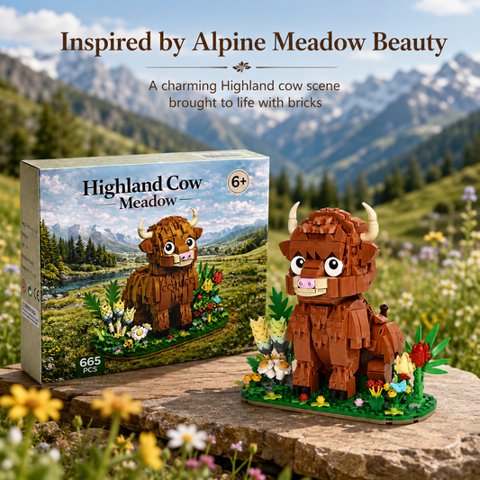 Kit de construction Vache des Highlands – 665 pièces, modèle réaliste de 35 cm avec fourrure texturée et construction robuste – Un cadeau premium pour les amoureux des animaux de la ferme