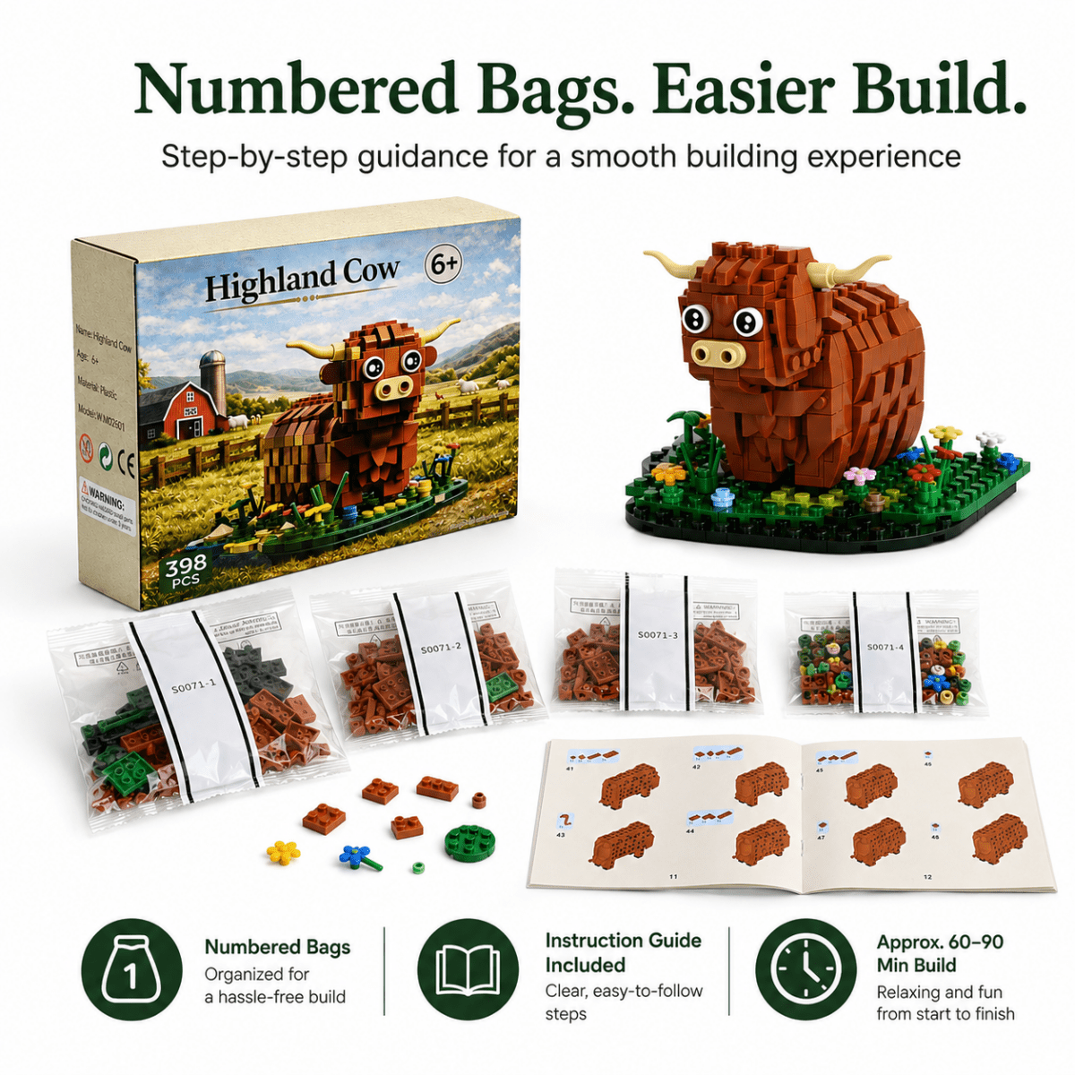 Kit de Construction Vache Highland – 398 Pièces, Assemblage Facile, Détails Réalistes & Présentation Robuste – Le Cadeau Idéal pour Tous les Âges & les Amoureux de la Déco Fermière