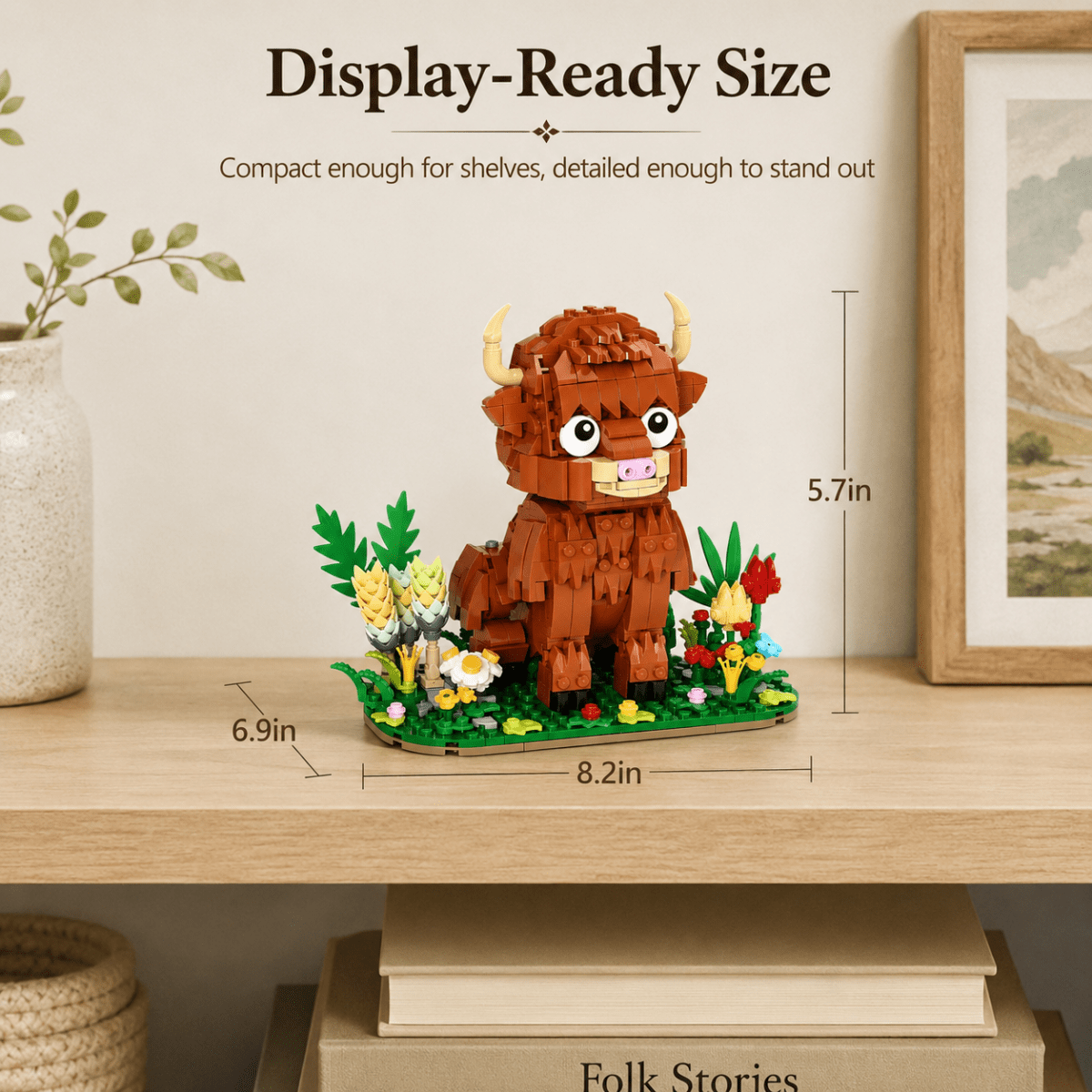 Kit de construction Vache des Highlands – 665 pièces, modèle réaliste de 35 cm avec fourrure texturée et construction robuste – Un cadeau premium pour les amoureux des animaux de la ferme