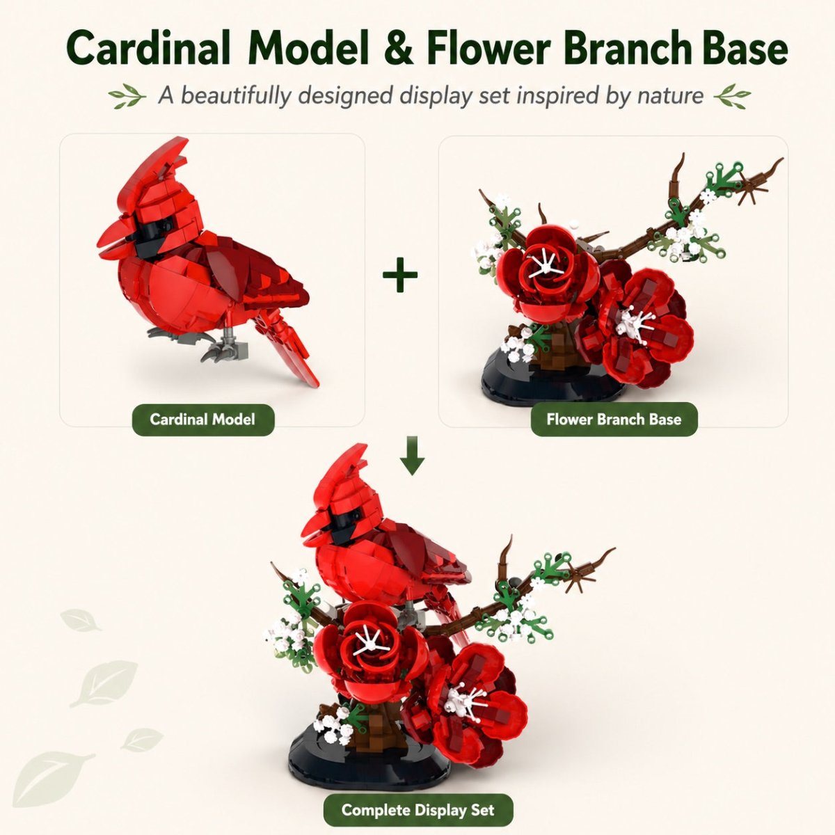 Northern Cardinal Bausatz – 526-teiliges Vogelmodell mit Blumen, einfacher Aufbau und lebensechte Details – Kreatives Geschenk für Erwachsene & Kinder