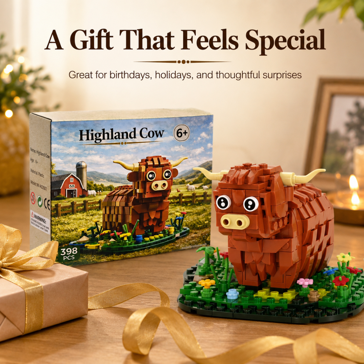 Kit de Construction Vache Highland – 398 Pièces, Assemblage Facile, Détails Réalistes & Présentation Robuste – Le Cadeau Idéal pour Tous les Âges & les Amoureux de la Déco Fermière