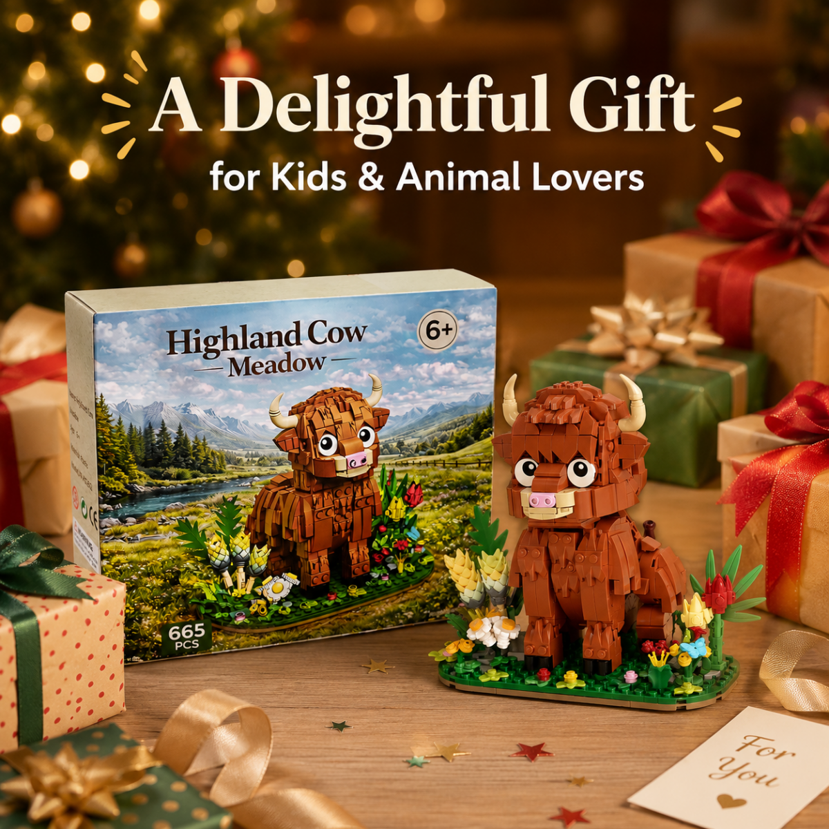 Kit de construction Vache des Highlands – 665 pièces, modèle réaliste de 35 cm avec fourrure texturée et construction robuste – Un cadeau premium pour les amoureux des animaux de la ferme