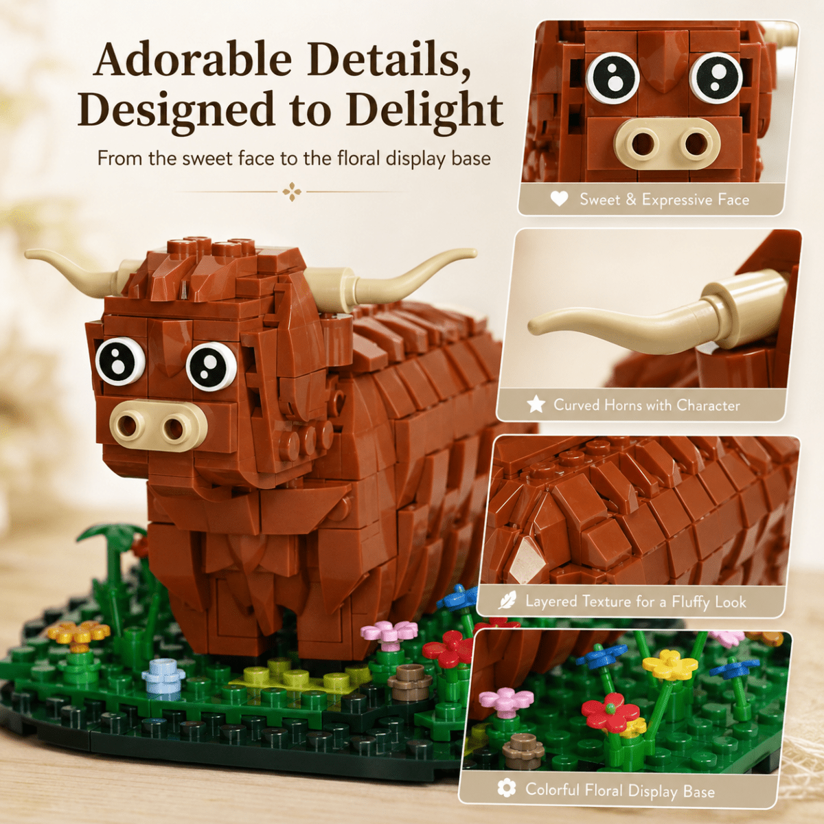 Kit de Construction Vache Highland – 398 Pièces, Assemblage Facile, Détails Réalistes & Présentation Robuste – Le Cadeau Idéal pour Tous les Âges & les Amoureux de la Déco Fermière