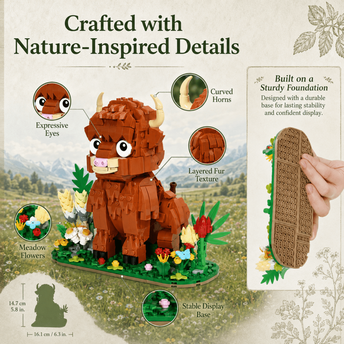 Kit de construction Vache des Highlands – 665 pièces, modèle réaliste de 35 cm avec fourrure texturée et construction robuste – Un cadeau premium pour les amoureux des animaux de la ferme