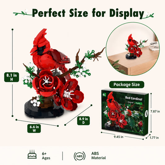 DIY Bird Model Kit for Adults, Northern Cardinal Building Blocks - 526PCS Creative Construction Set with Flowers Christmas Gift for Kids & Adults