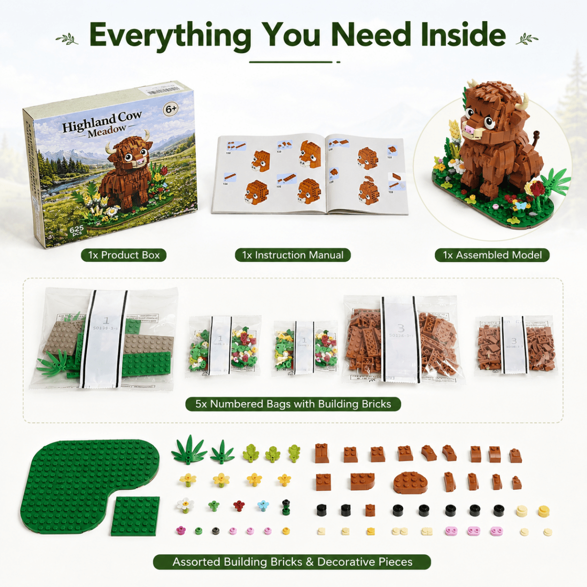 Kit de construction Vache des Highlands – 665 pièces, modèle réaliste de 35 cm avec fourrure texturée et construction robuste – Un cadeau premium pour les amoureux des animaux de la ferme