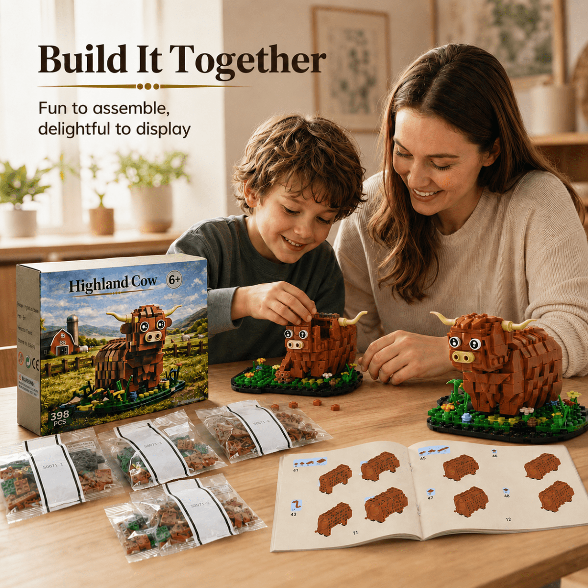 Kit de Construction Vache Highland – 398 Pièces, Assemblage Facile, Détails Réalistes & Présentation Robuste – Le Cadeau Idéal pour Tous les Âges & les Amoureux de la Déco Fermière