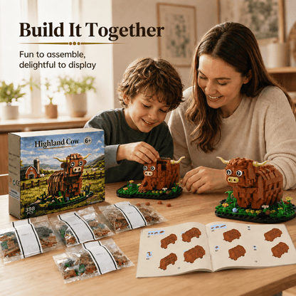 Lifelike Highland cow brick model with shaggy fur details