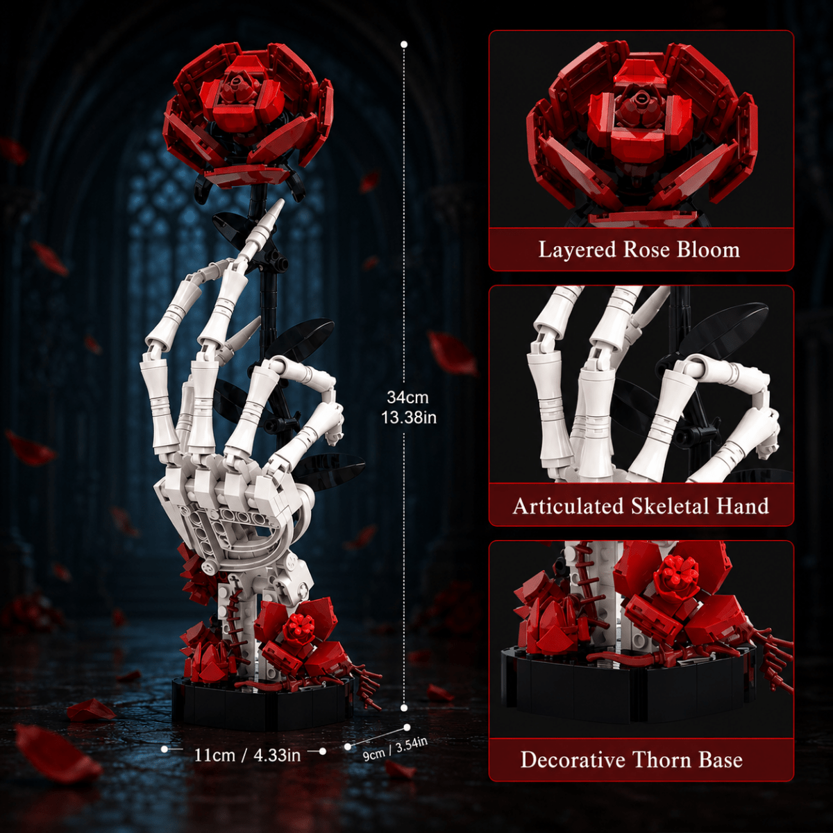 Gothic Skeleton Hand & Rose Building Kit – 357-Piece Dark Art Display Model – Perfect Gift for Gothic & Halloween Decor Lovers