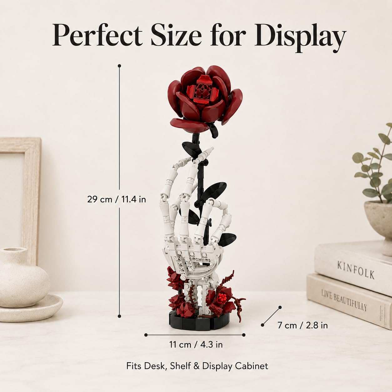 Skeleton hand holding red rose brick model for adults