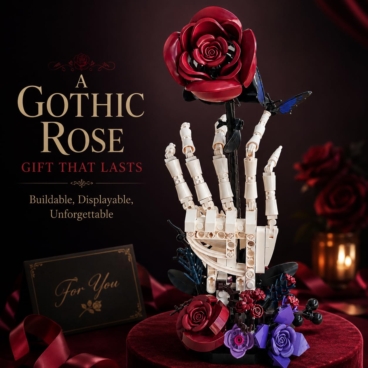 Skeleton hand holding red rose brick model with floral base