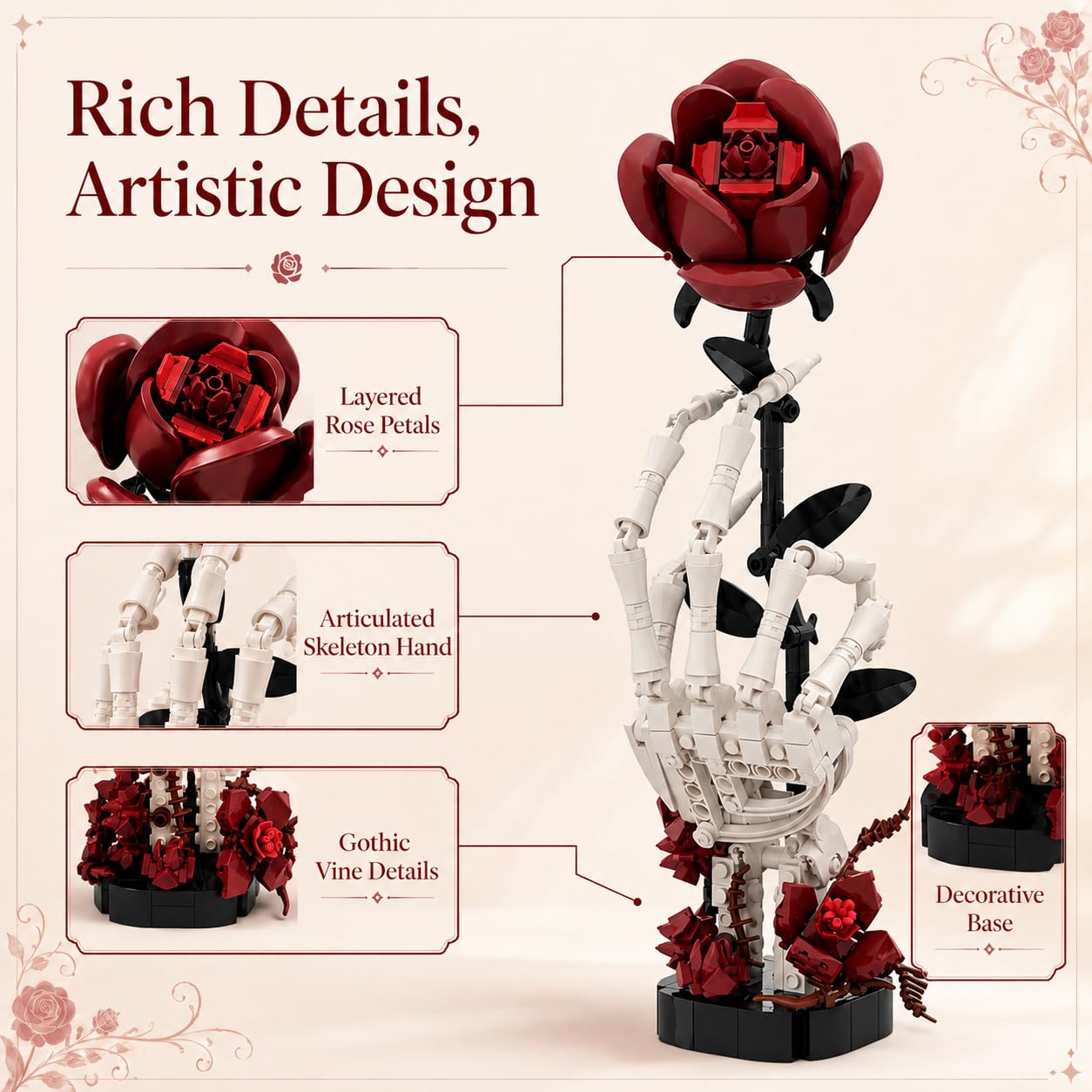 Gothic skull hand rose building kit with display base