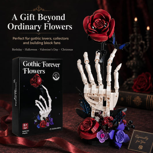 Gothic Rose Building Set for Adults, 449-Piece Skeleton Hand Flower Brick Model Kit with Butterfly and Floral Base, Dark Romantic Desk Decor for Shelf Display and Collectors