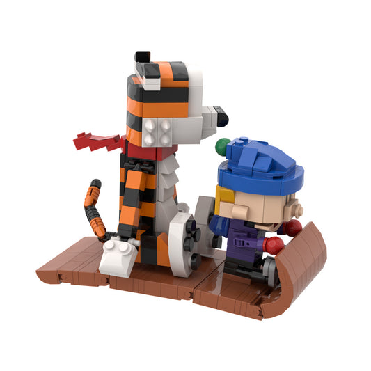 MOC Calvin and Hobbes sleigh building set, animated tiger doll for kids, LEGO compatible